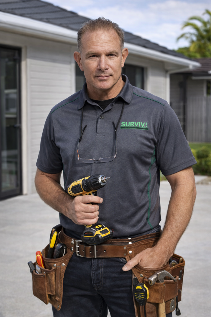 SURVE handyman with a cordless drill and tool belt outside a home