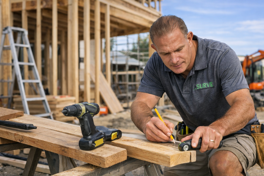 Carpenter measuring and marking timber on a building site