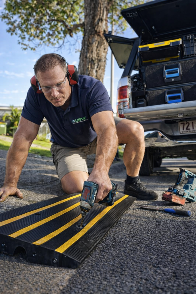 Handyman drilling a fixing into a driveway speed bump