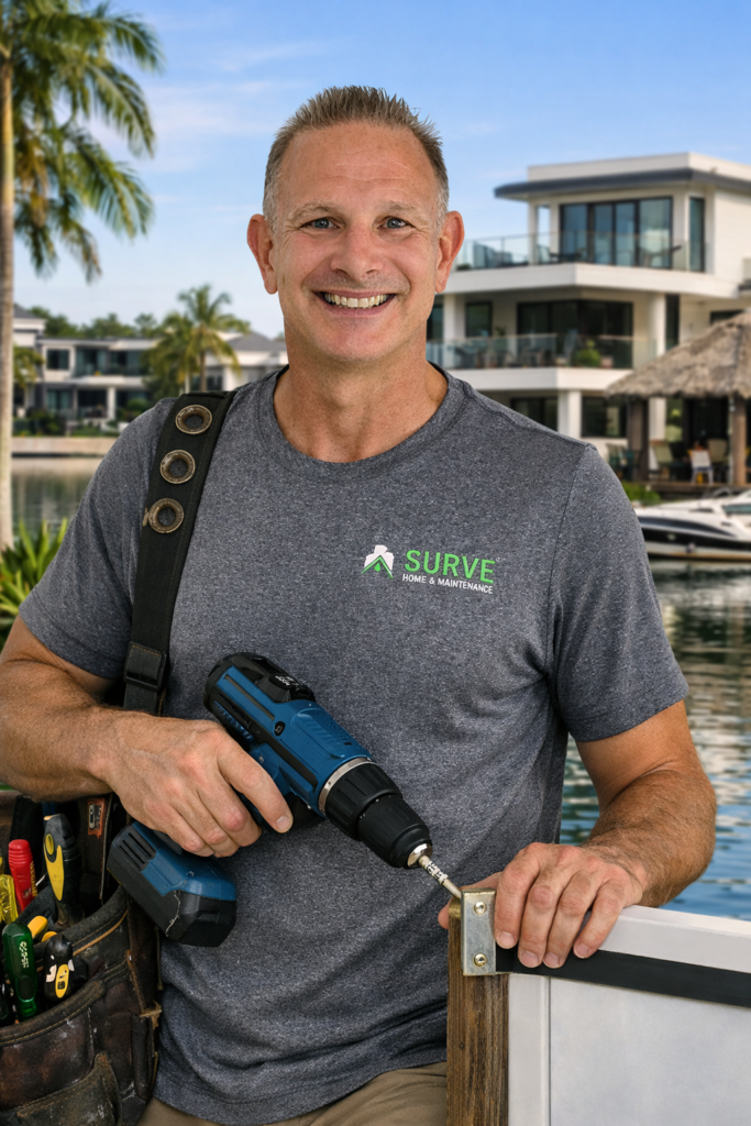 SURVE handyman with a cordless drill outside a waterfront Gold Coast home