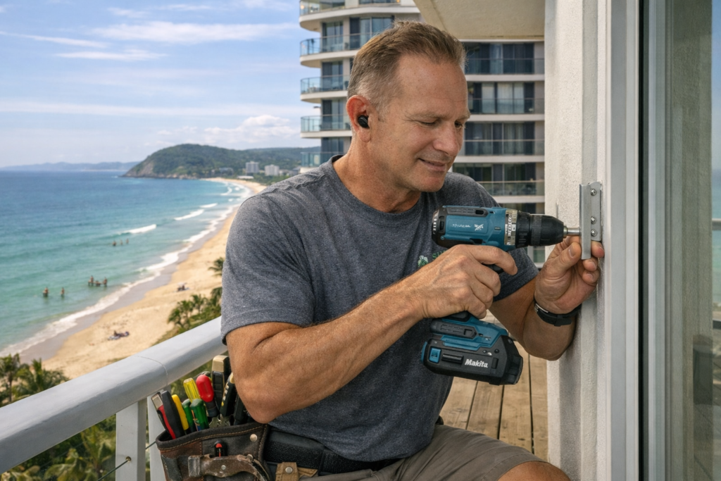 Handyman drilling a fixing on a beachfront balcony door