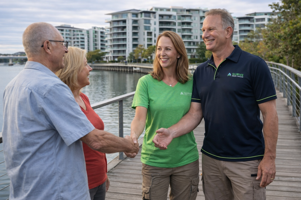 Dan meeting clients about their job, Broadbeach Waters Gold Coast