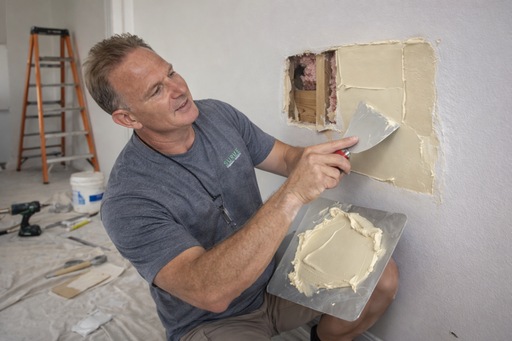 Handyman patching a hole in a plasterboard wall