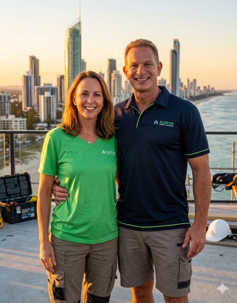 Dan and Sue of SURVE Property Maintenance with the Surfers Paradise skyline behind