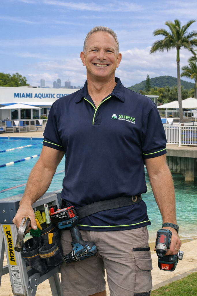 SURVE handyman with a tool belt at Miami Aquatic Centre